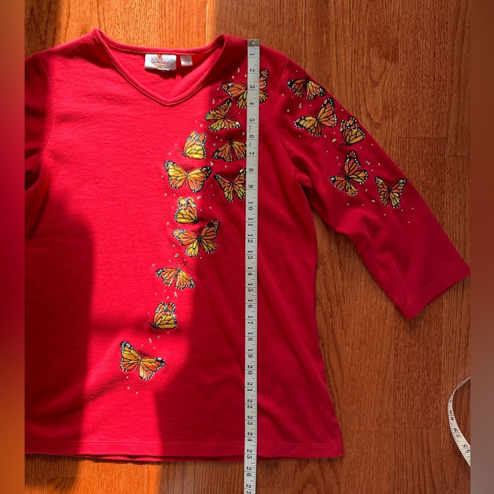 Quacker Factory Fall Splendor butterfly over shoulder & Front, size Small - Picture 9 of 9